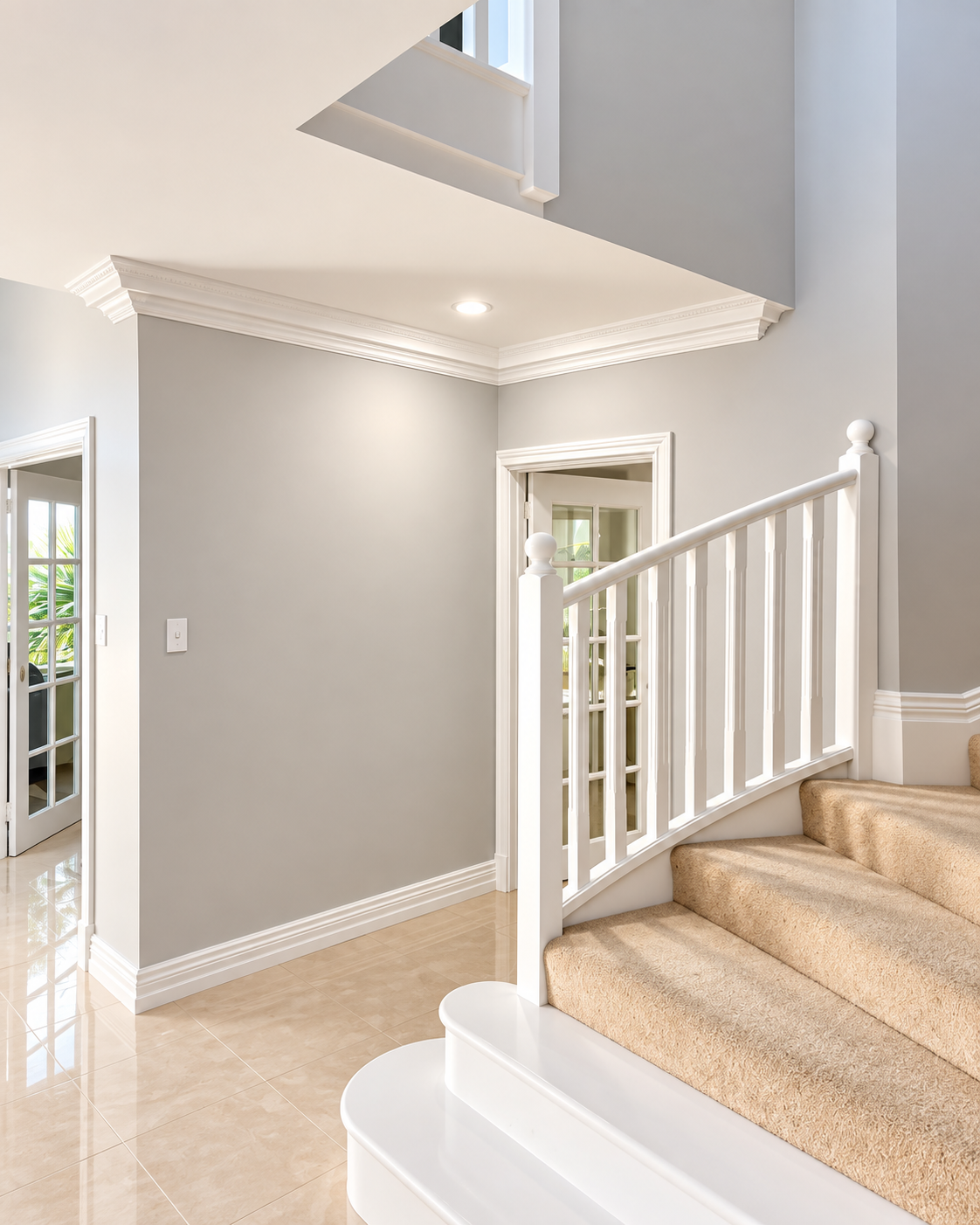 Interior entryway painted in soft grey with crisp white trim and stair balustrade